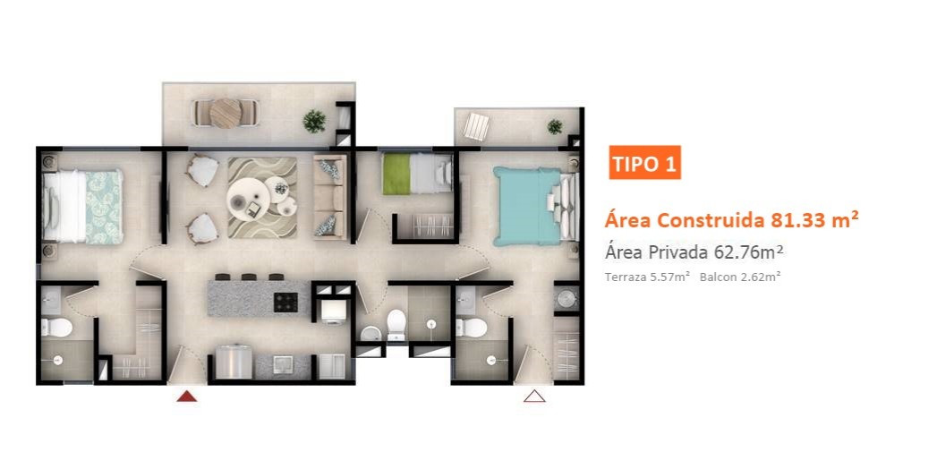 Planos Oikos San Pablo | Apartamento tipo 1 | Representación gráfica